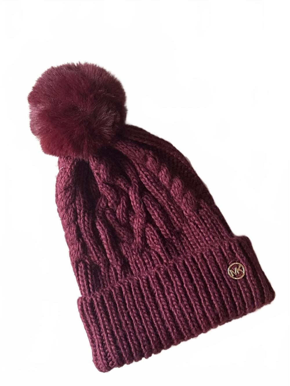 Michael Kors Cable Burgundy Maroon Maroon Knit Pom Pom Beanie Hat